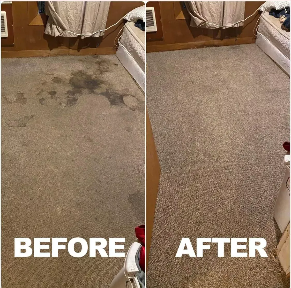 Before and after photo of a stained bedroom carpet cleaned by Buffalo Carpet NY