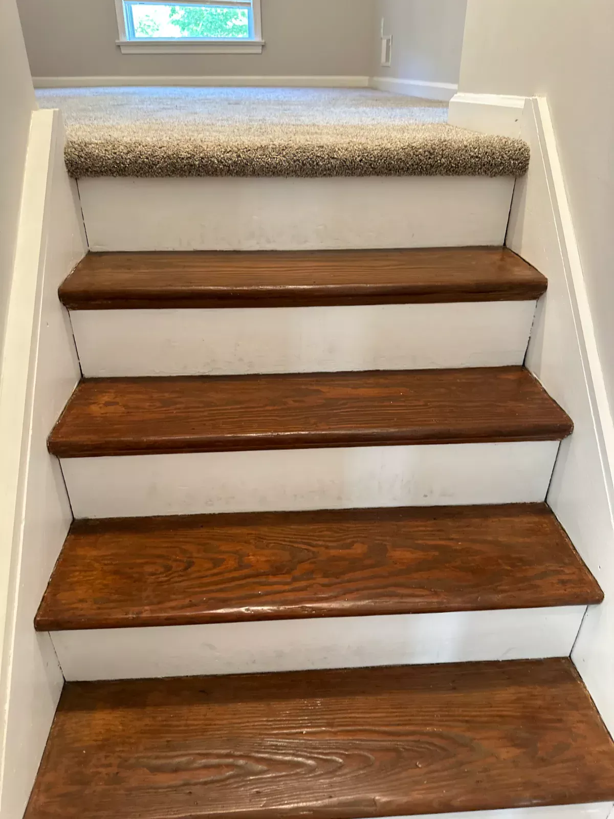 Wood stair treads and carpeted landing cleaned by Buffalo Carpet NY in a Buffalo, NY home